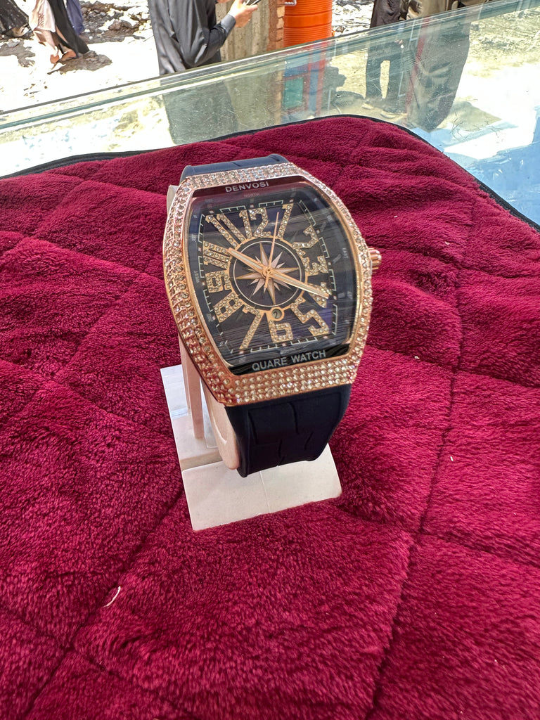 Exclusive Stone-Studded Tonneau Watch – Black & Rose Gold Edition