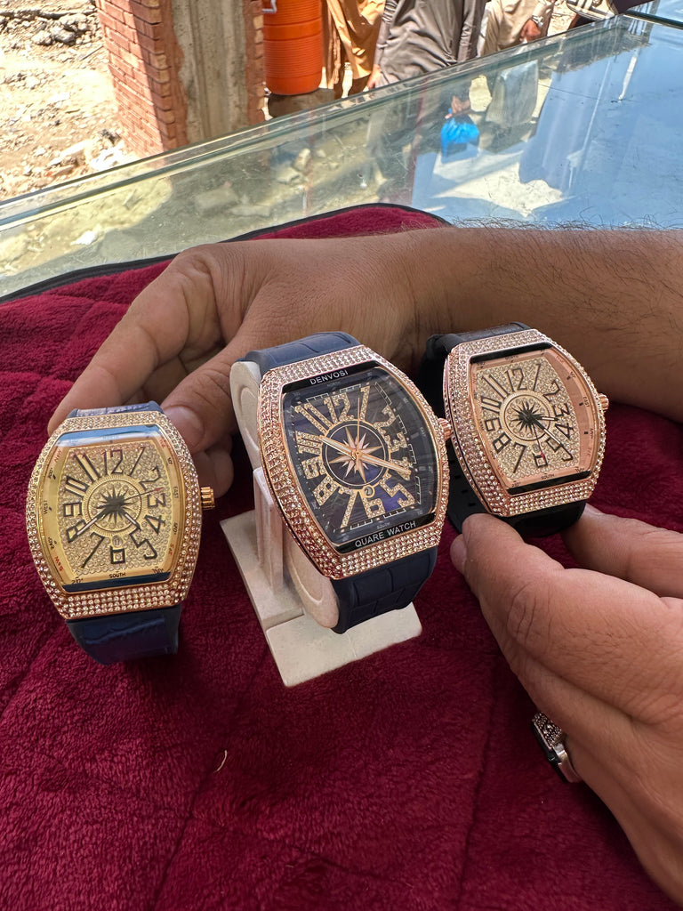 Exclusive Stone-Studded Tonneau Watch – Black & Rose Gold Edition