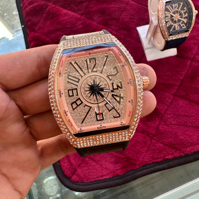 Exclusive Stone-Studded Tonneau Watch – Black & Rose Gold Edition