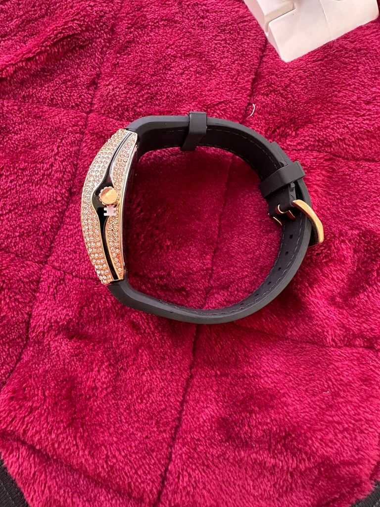 Exclusive Stone-Studded Tonneau Watch – Black & Rose Gold Edition