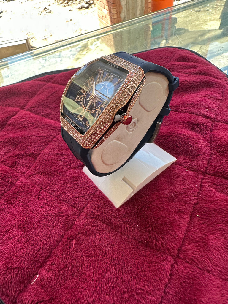 Exclusive Stone-Studded Tonneau Watch – Black & Rose Gold Edition
