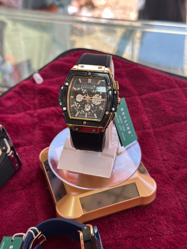 Premium Tonneau Shape Skeleton Watch with Blue Silicon Strap