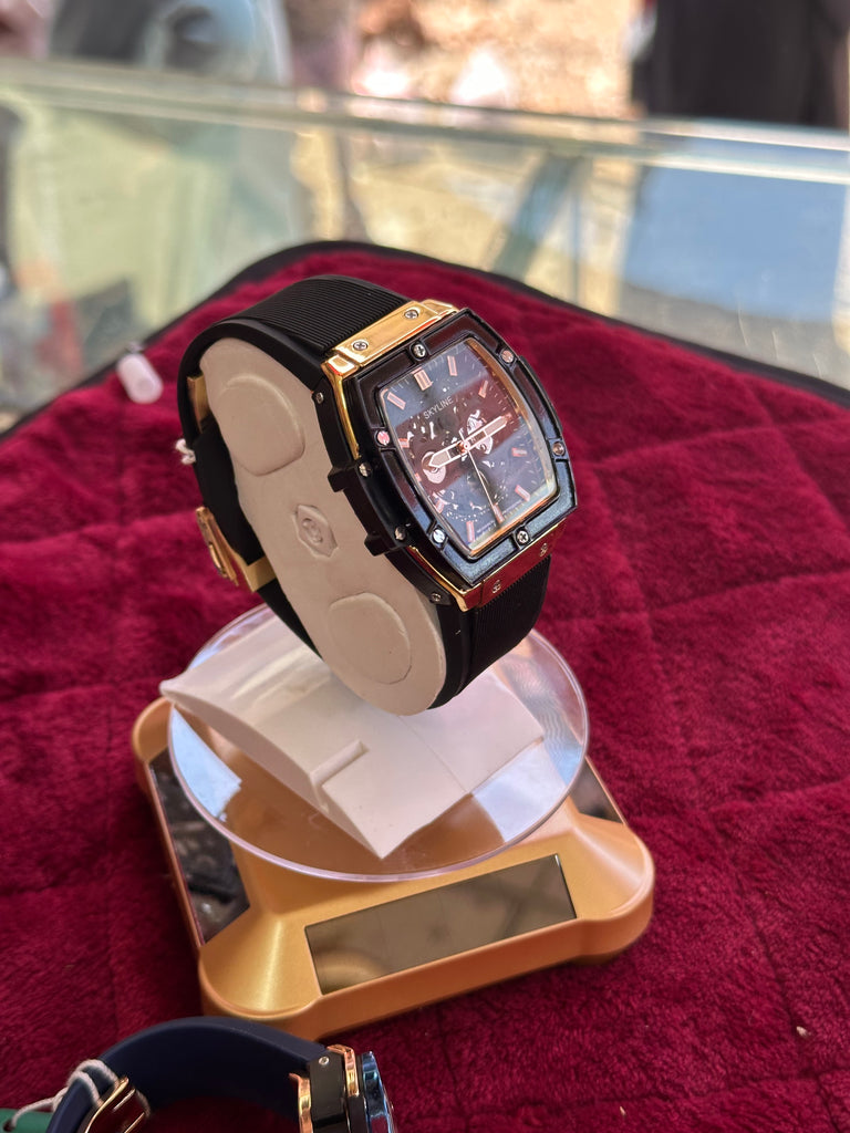 Premium Tonneau Shape Skeleton Watch with Blue Silicon Strap