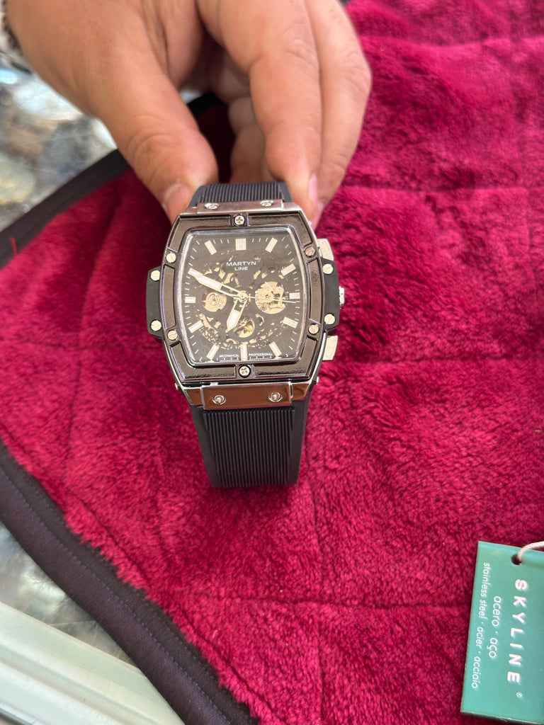 Premium Tonneau Shape Skeleton Watch with Blue Silicon Strap
