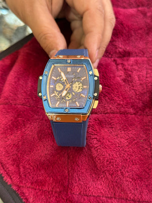 Premium Tonneau Shape Skeleton Watch with Blue Silicon Strap