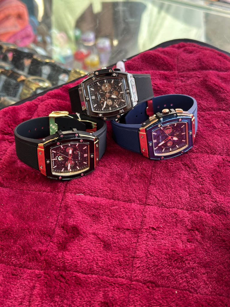 Premium Tonneau Shape Skeleton Watch with Blue Silicon Strap