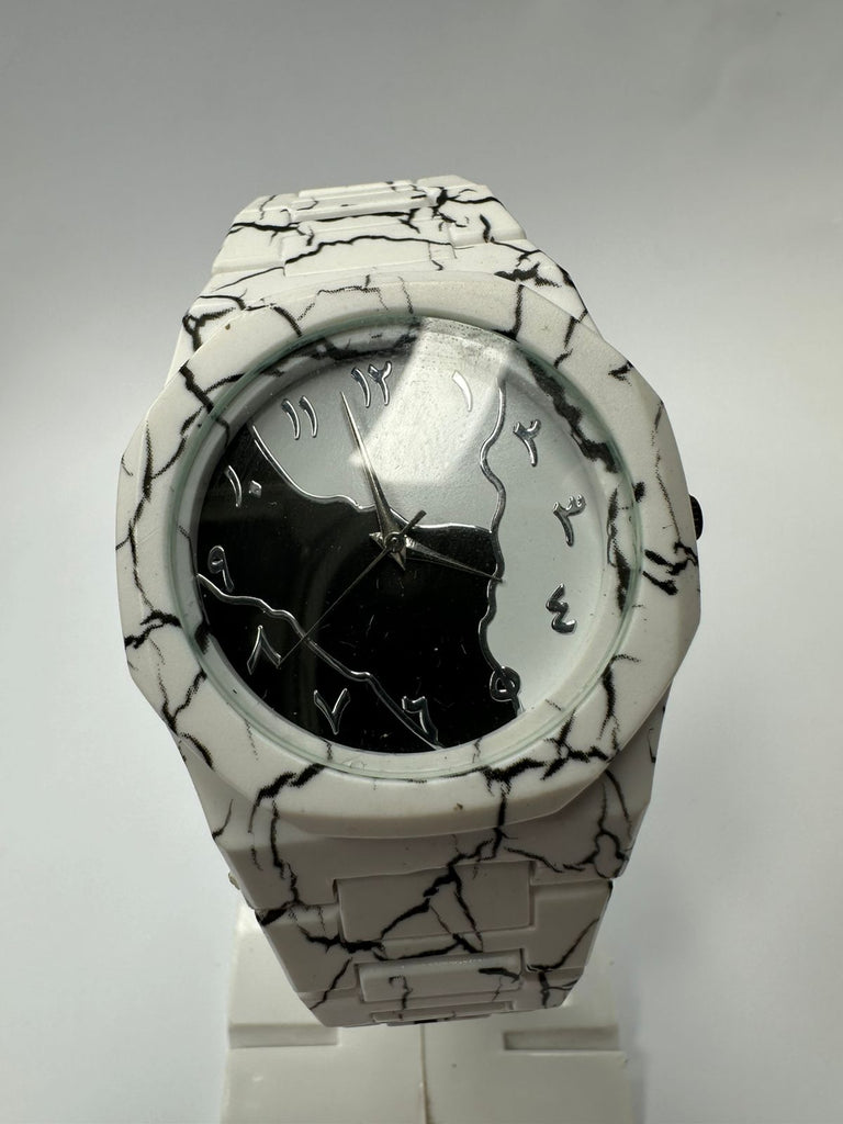 "Premium Marble Pattern Men's Watch | Arabic Script Numerals | Octagonal Design"