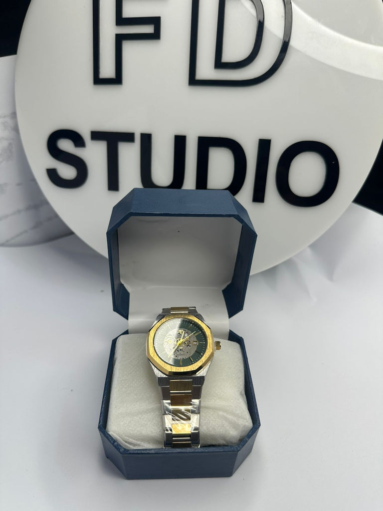 RICK™ Emerald Gold Skeleton – Luxury Two-Tone Quartz Watch for Men