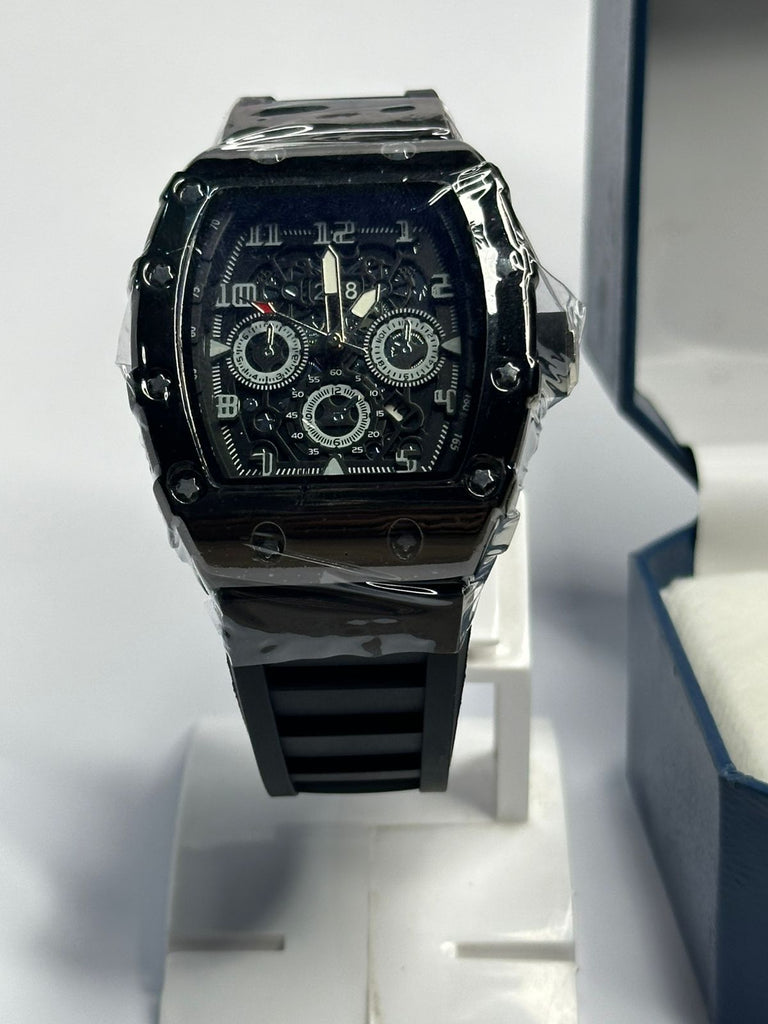 Premium Black Skeleton Design Luxury Watch – Sporty Tonneau Case with Comfortable Silicone Strap