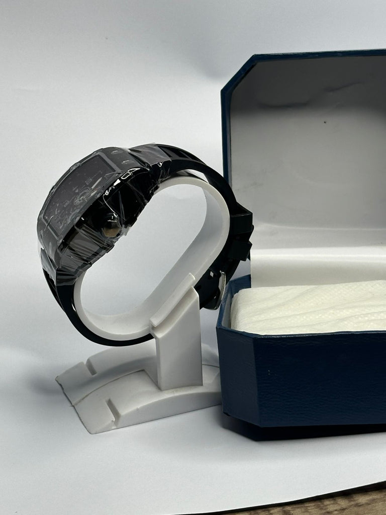 Premium Black Skeleton Design Luxury Watch – Sporty Tonneau Case with Comfortable Silicone Strap